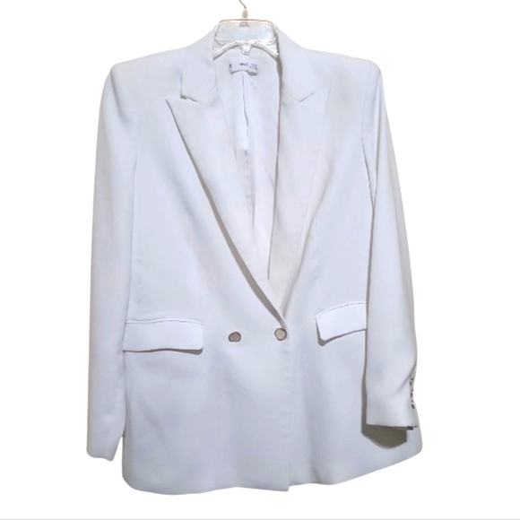 Mango MNG Women White Double Breasted Padded Shoulder Blazer Jacket Size XLarge - Picture 1 of 7